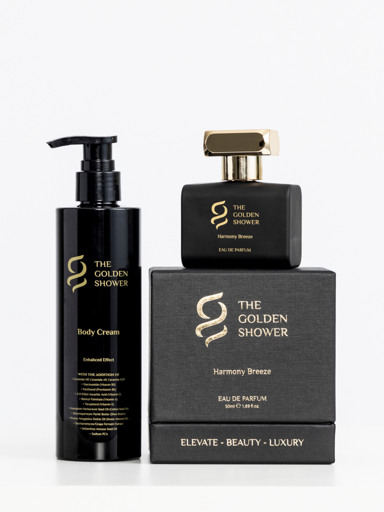 Golden Shower Beauty Harmony Breeze fragrance kit with luxury packaging - perfume bottle on premium black box