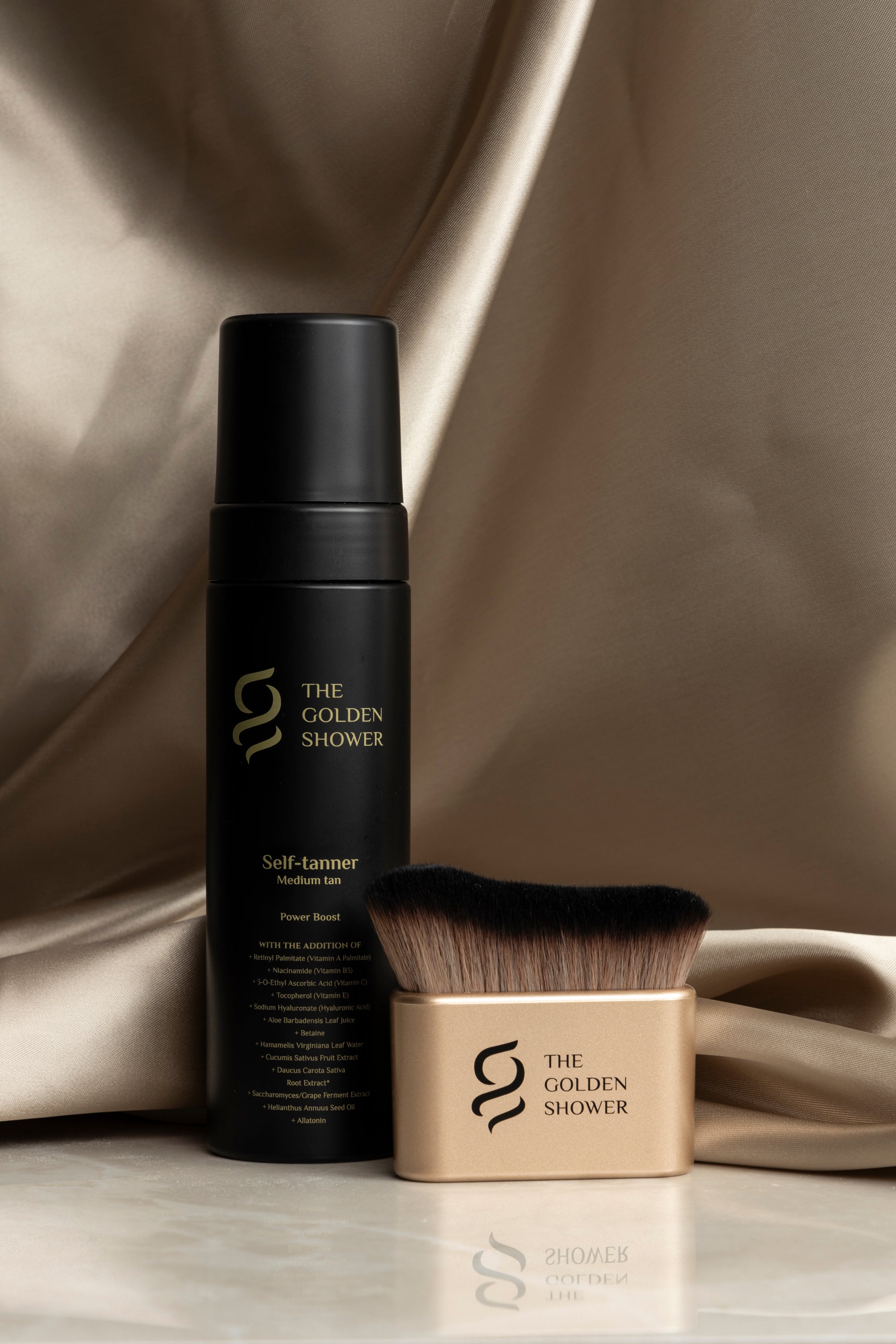 Golden Shower Beauty professional tanning brush lifestyle shot - self tan and brush kit for streak-free application