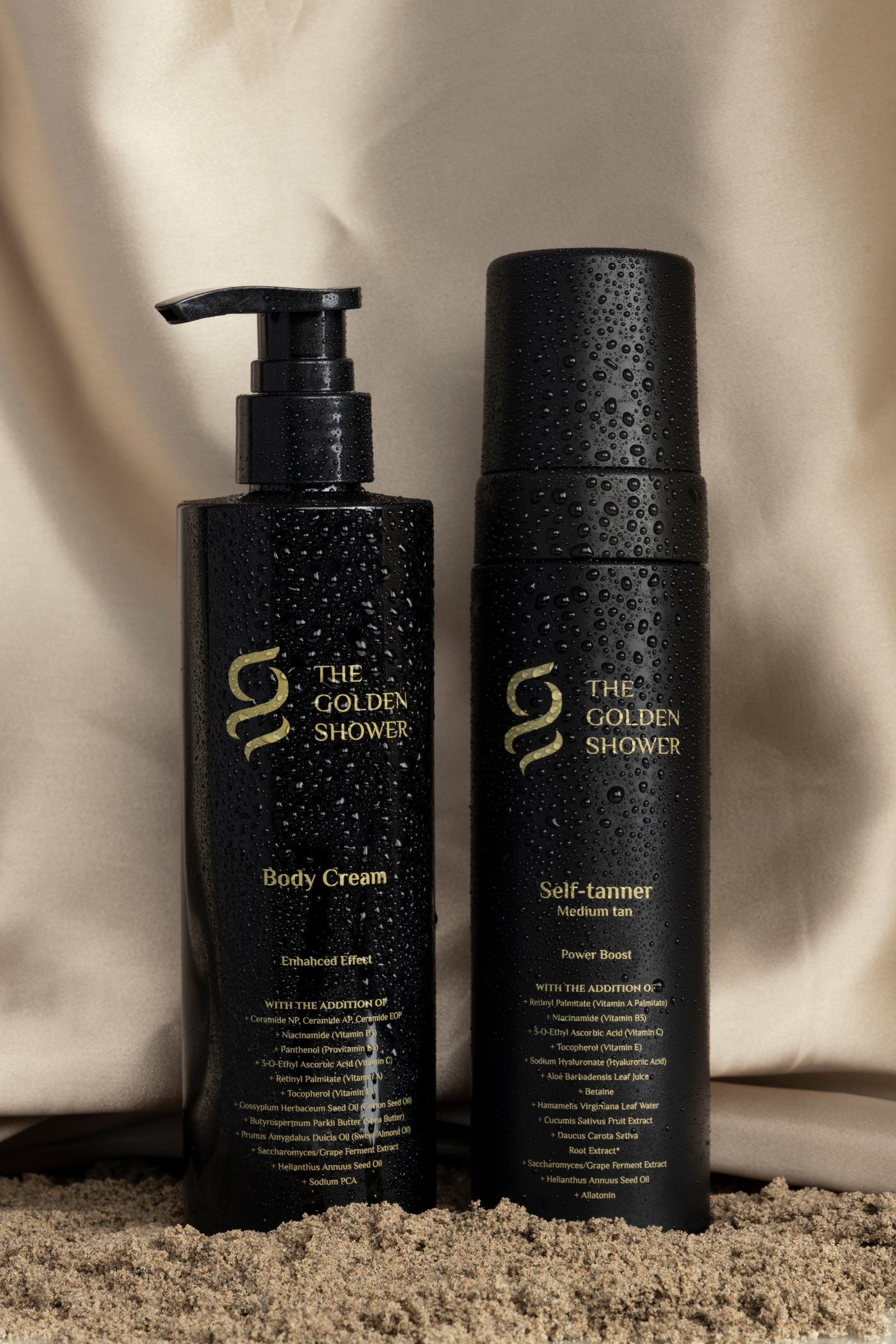 Golden Shower Beauty Enhanced Effect Body Cream and Power Boost Self-Tan Medium with water droplets luxury black packaging